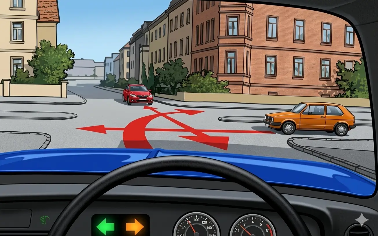 Driver's view at a 4 way junction intending to turn right, with an oncoming red car and yellow car on the right passing to the left 